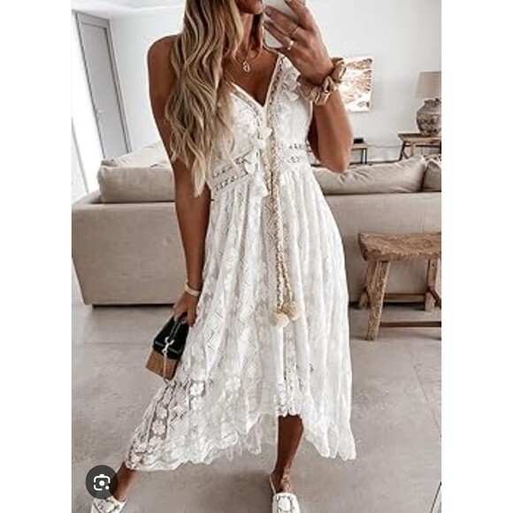 Cupshe Ariya White Lace Crochet Sun Dress V-Neck Sleeveless Bohemian Beach Small - Picture 2 of 12